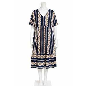 BloomChic Geometric Midi Dress Navy Beige V-Neck Empire Waist Plus Size 18